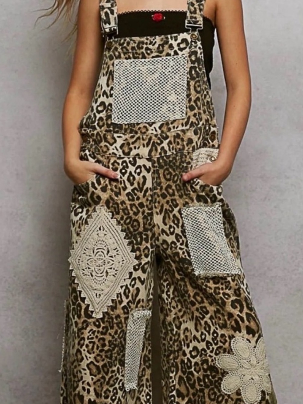POL Leopard-Print Crochet Patch Wide-Leg Jumpsuit - Brown New